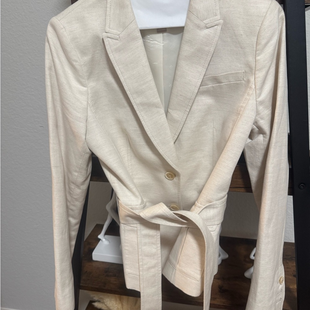 Banana Republic Linen Blazer Belted Cream Neutral Lightweight Jacket Work Office